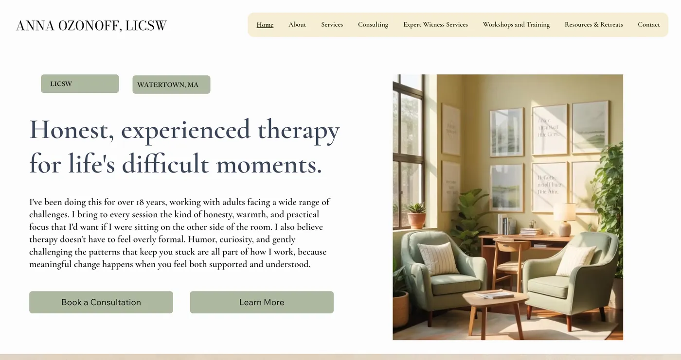 Homepage of Anna Ozonoff's LICSW therapy website with a sunny therapy room photo and the headline 'Honest, experienced therapy for life's difficult moments'