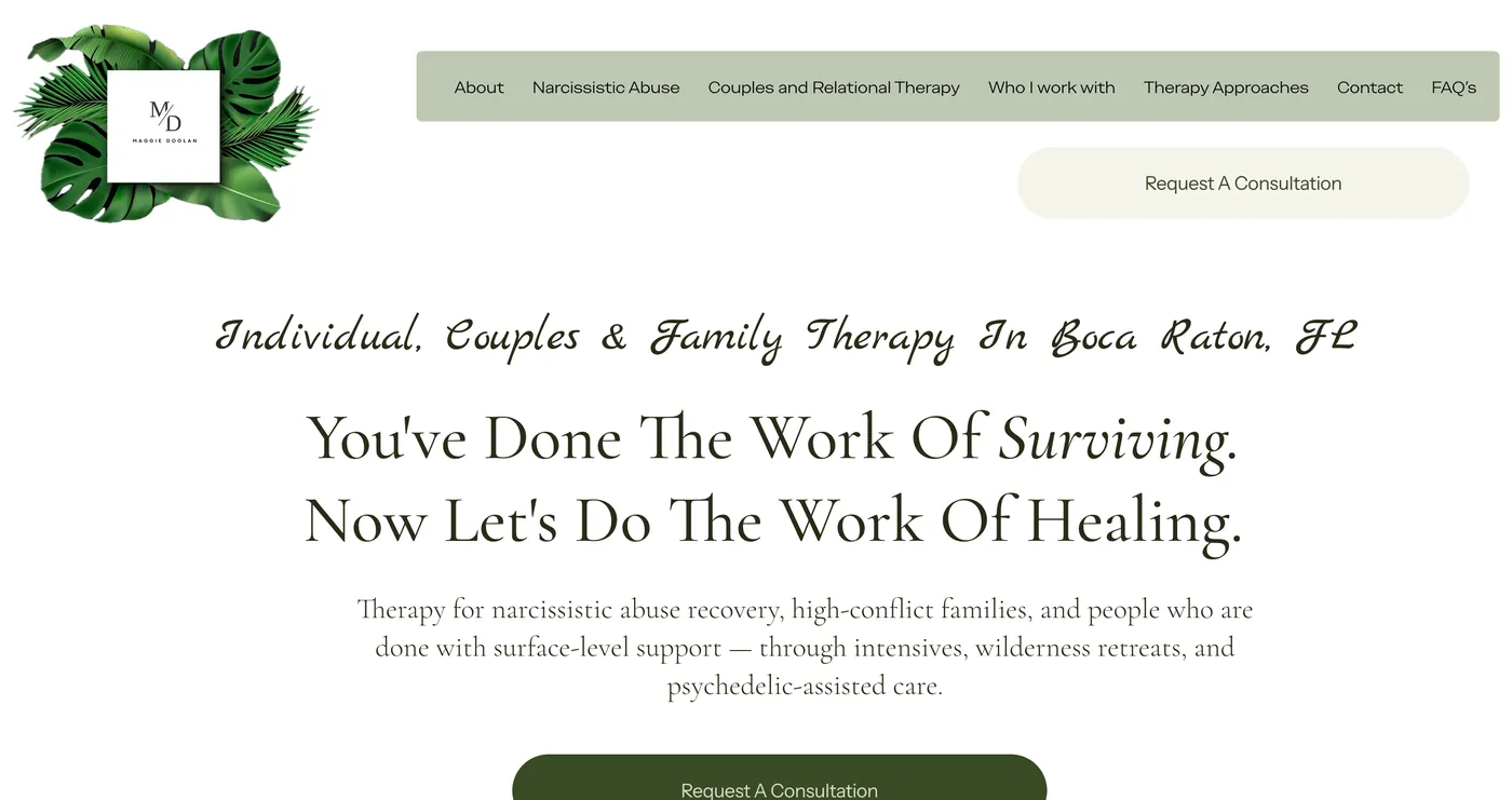 Homepage of Maggie Doolan's therapy website with a green leaf logo and a headline about moving from surviving to healing