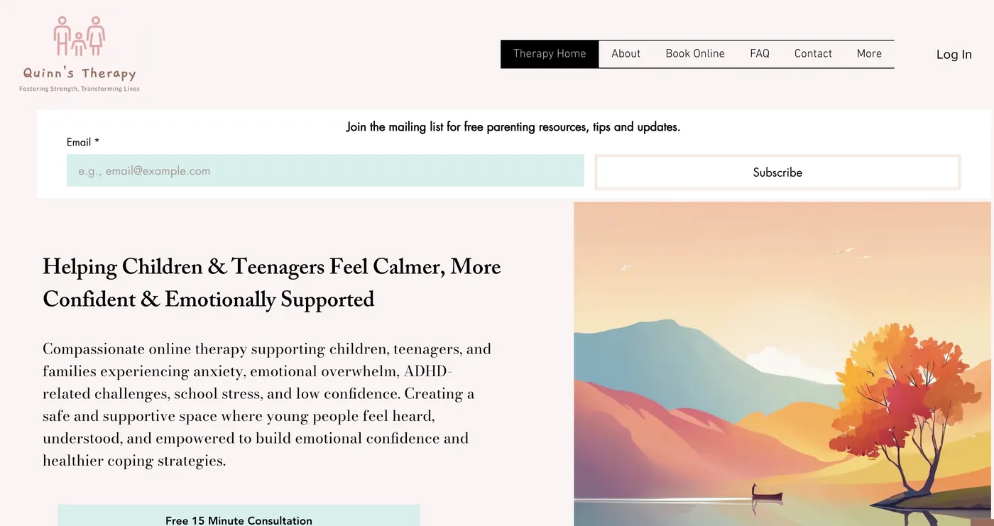 Homepage of Quinn's Therapy with a soft pink logo and a headline about helping children and teenagers feel calmer and more confident