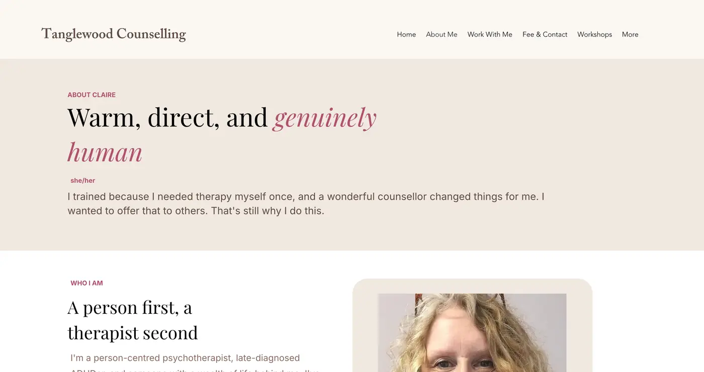 The new Tanglewood Counselling About page with a portrait, a how I work section and qualifications